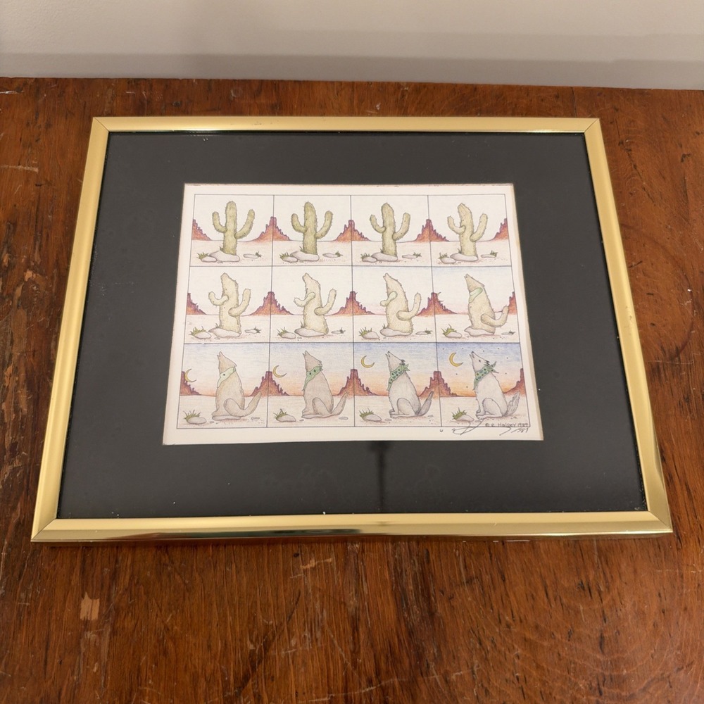 Signed Artwork: E. Halsey 1989 Transformation Framed Picture Cactus to Coyote